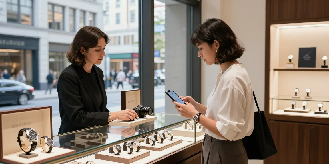 Shopping for high-quality 시계 레플리카 in a stylish urban boutique, showcasing luxury and sophistication.