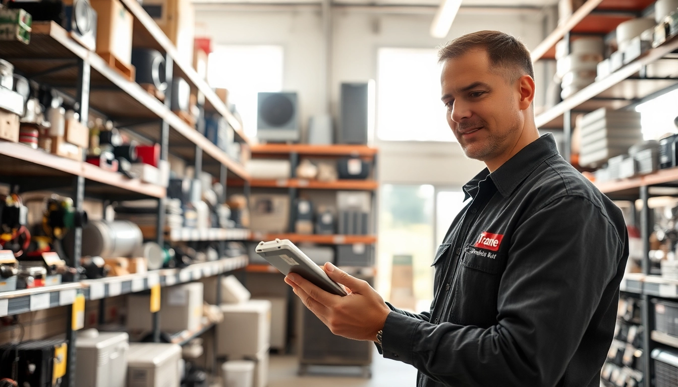 Explore trane parts dealer near me with a technician checking HVAC components in a well-organized store.