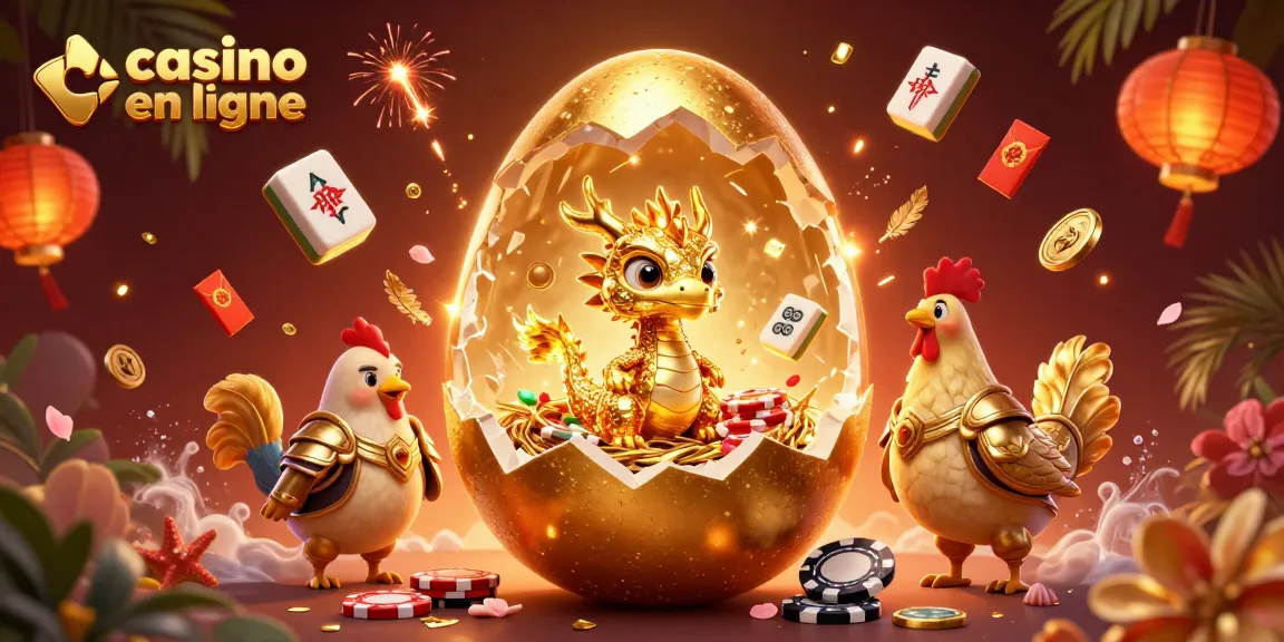 Découvrez un casino en ligne vibrant avec un dragon doré et des jetons de poker brillants.