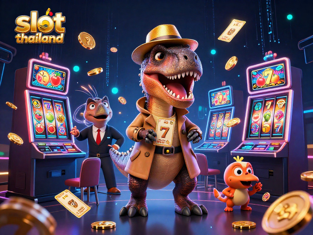 Engage in the thrilling slot thailand experience with a cartoon velociraptor while winning chips and jackpot!