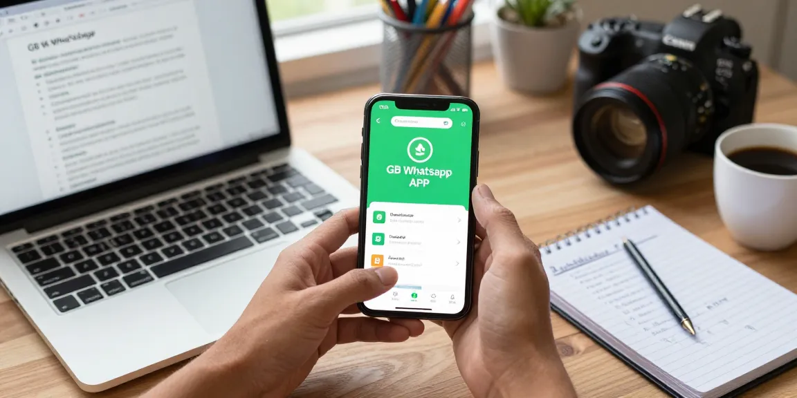 Downloading the gb whatsapp apk on a modern smartphone in a stylish workspace, showcasing the app's features.