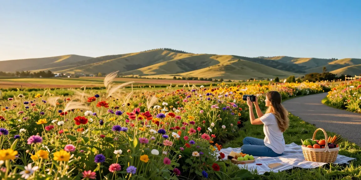A scenic view at https://www.thecapayvalleygardentour.com showcasing vibrant flowers and travelers enjoying a picnic.