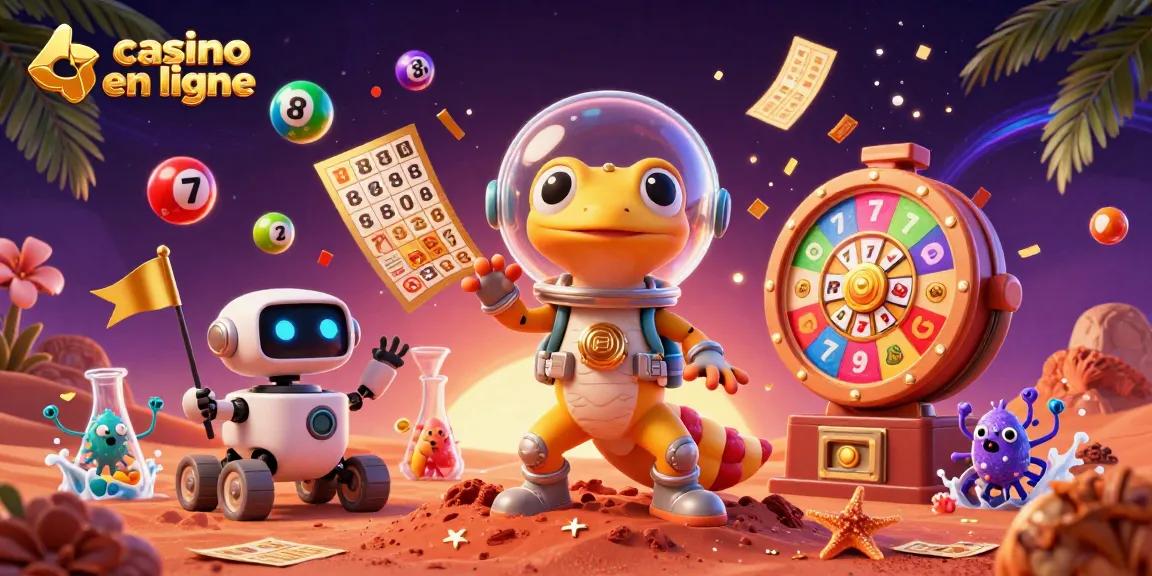 Illustration 3D du casino en ligne avec un lézard extraterrestre et une ambiance joyeuse.