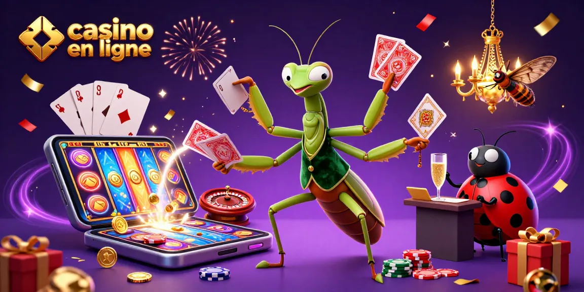 Jouer au casino en ligne avec un mante religieuse dirigeant l'action, des cartes et des jetons en mouvement.