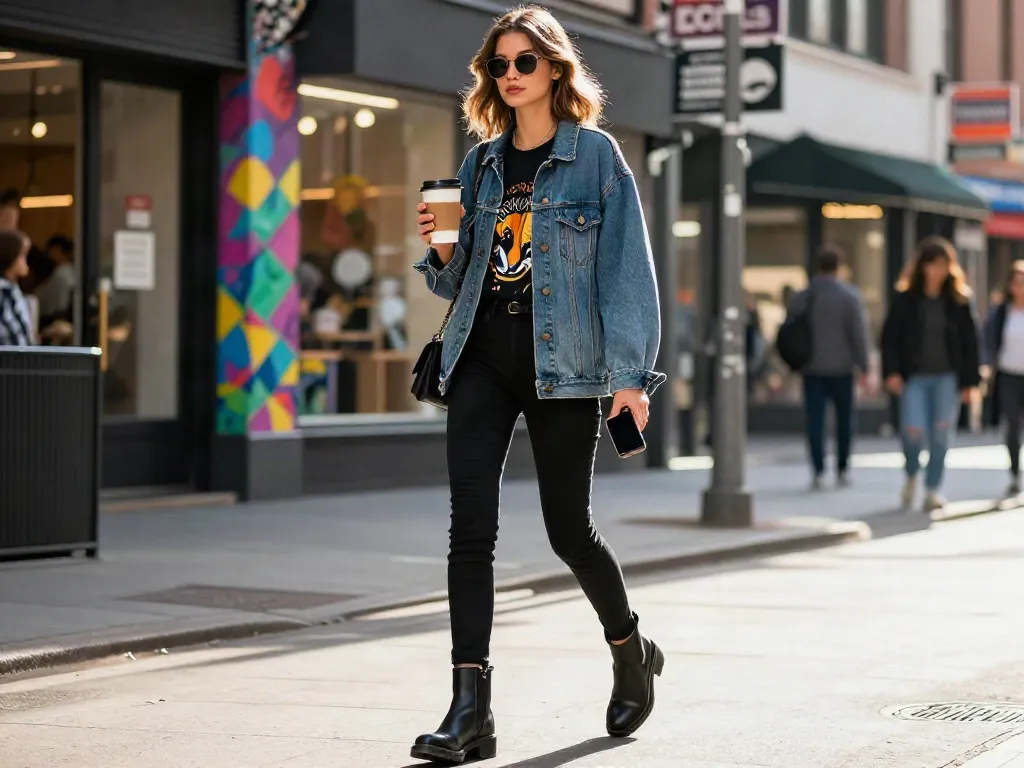 Fashionisk .com urban style: young woman in trendy outfit enjoying the city vibe.