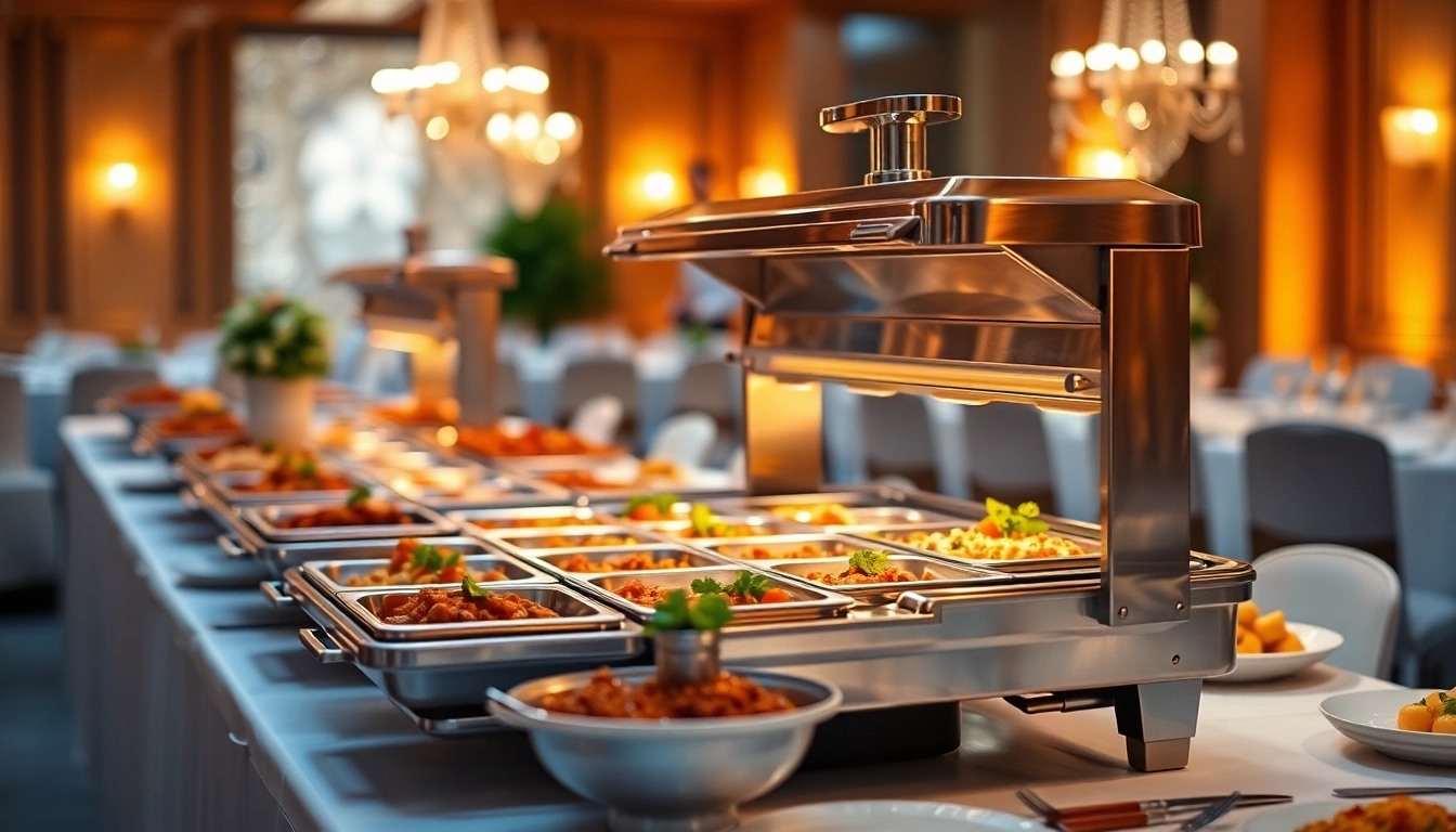 Efficient food warmer displaying dishes at a catered event with vibrant colors and warm lighting.