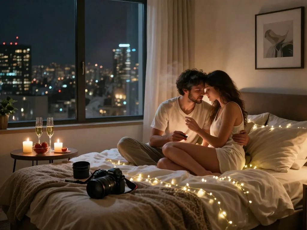 hornyleak intimate moments in a romantic setting with couple, soft lighting and cozy decor
