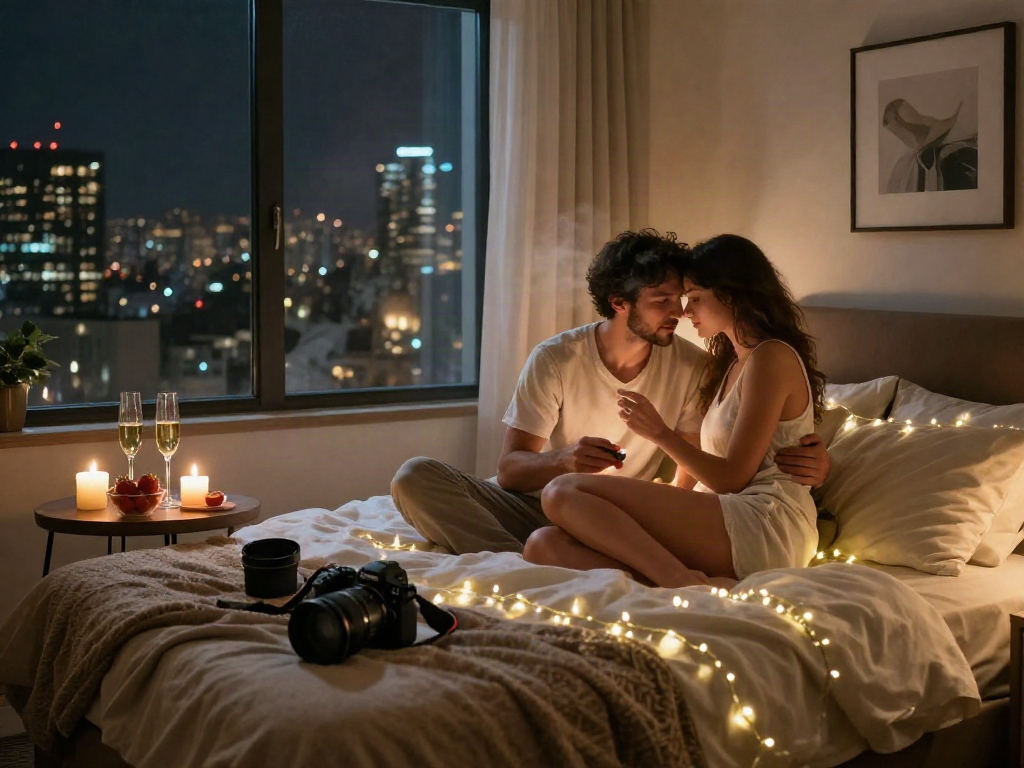 hornyleak intimate moments in a romantic setting with couple, soft lighting and cozy decor