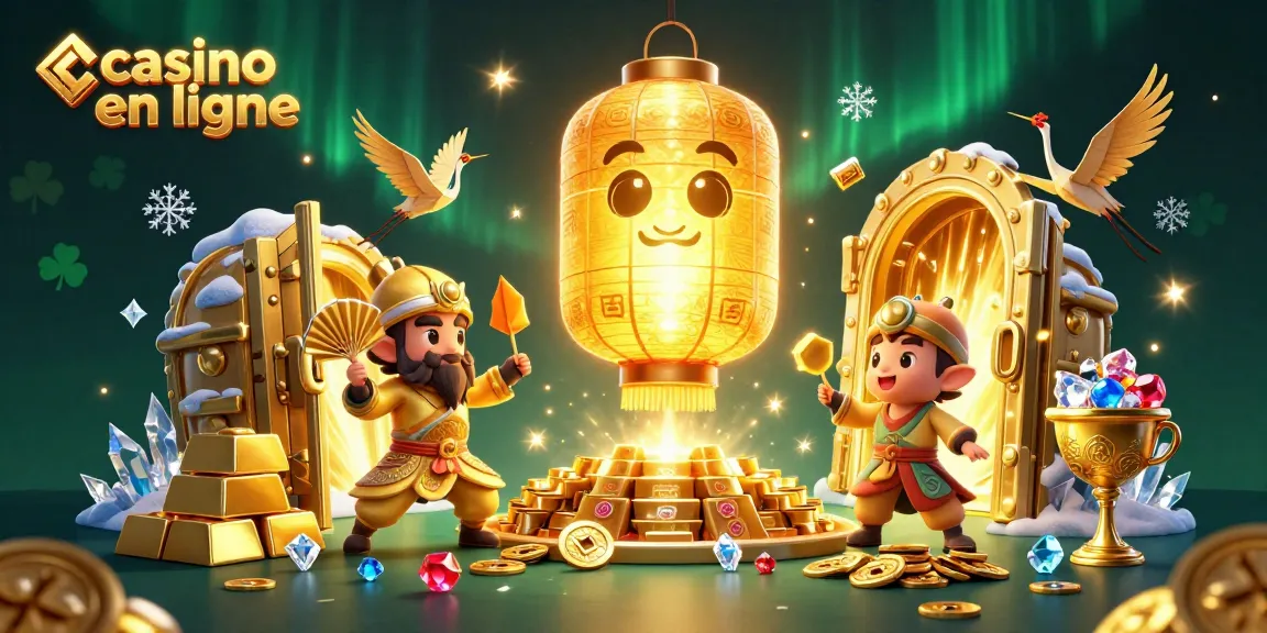 Une illustration 3D représentant un casino en ligne avec un esprit en lanterne dorée et des guerriers fanatiques.