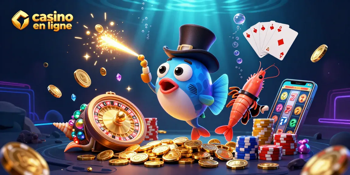 Plongez dans l'univers du casino en ligne avec une illustration 3D captivante de créatures marines attirant des pièces d'or.
