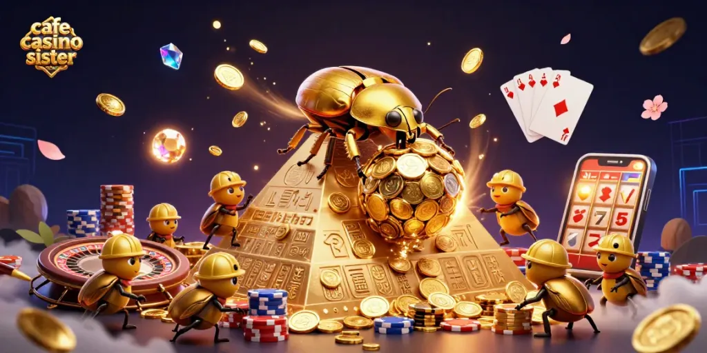 Engage with top cafe casino sister casinos illustrated by golden beetles and casino symbols.
