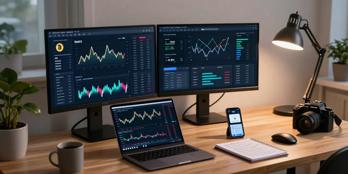 bitcoin mining investment data on dual monitors in a modern crypto workspace
