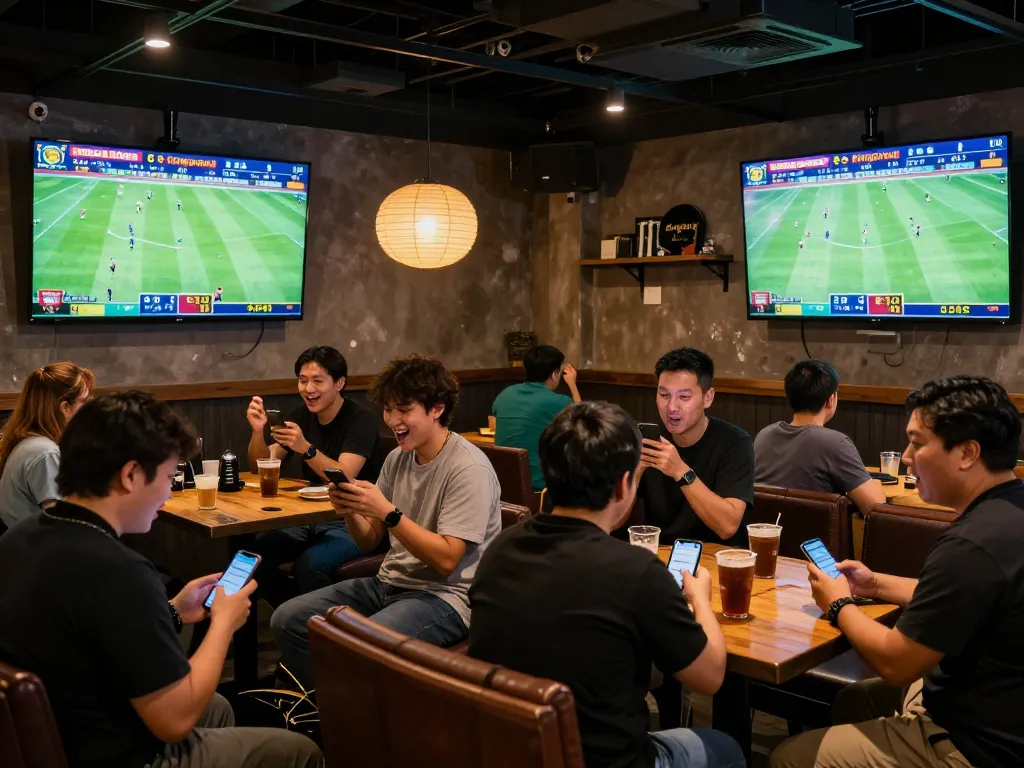 Bongdalu sports betting scene with excited friends placing live bets in a vibrant sports bar.