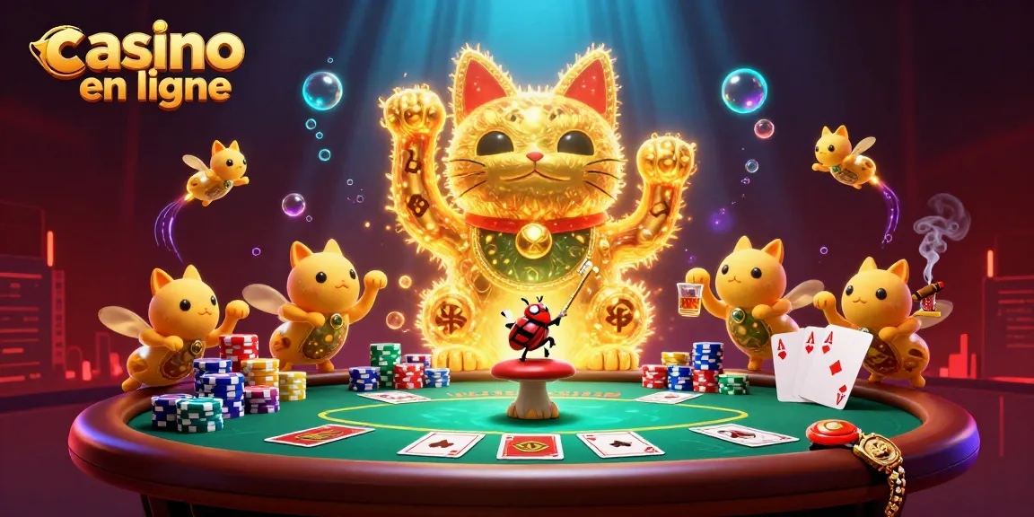 Plongez dans l'univers du casino en ligne avec ce chat chanceux en feu follet animant les jeux de cartes.