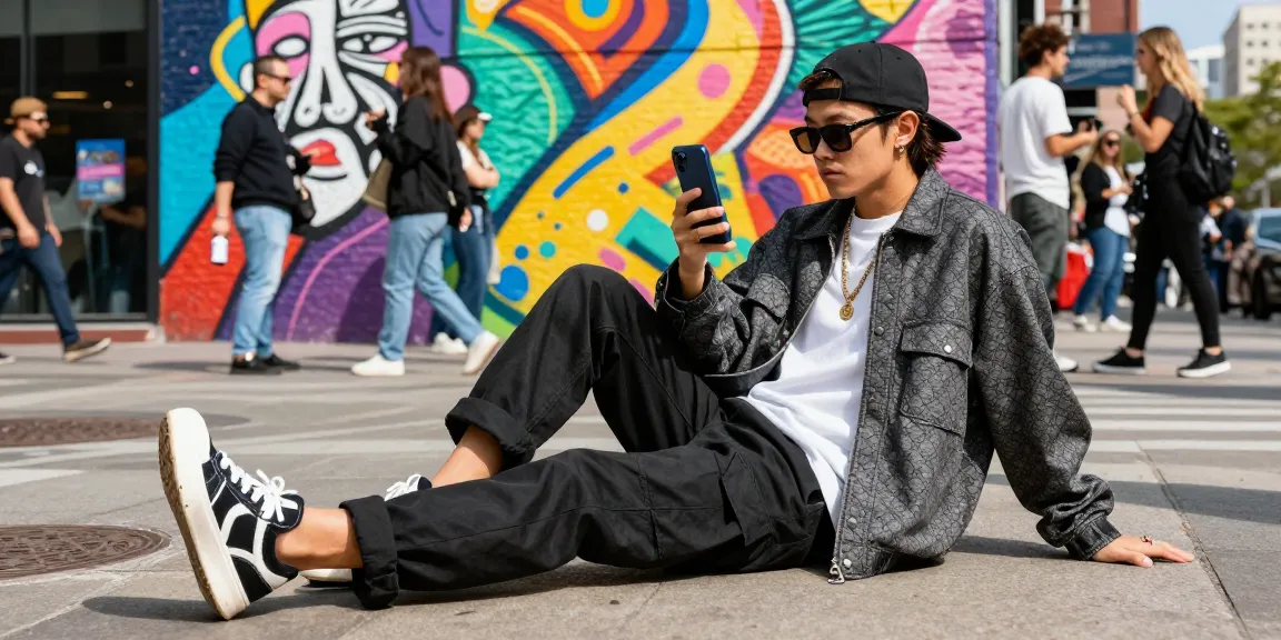 Stylish individual in 레플리카 outfit enjoying urban street life with vibrant murals as backdrop.