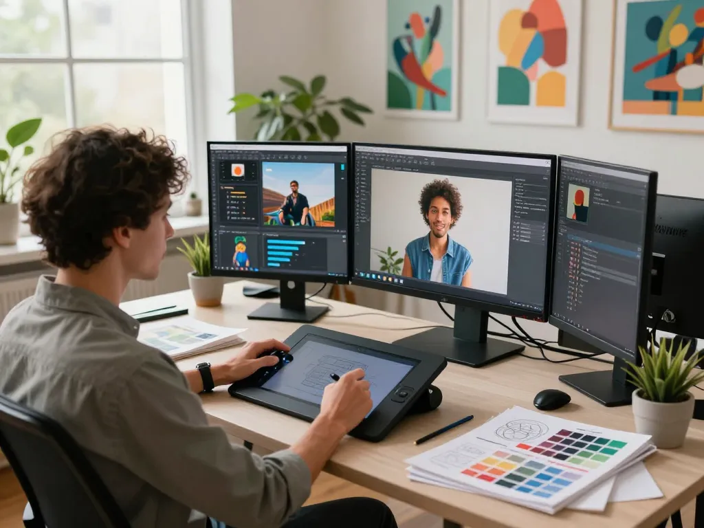 Designer generating image to prompt in a bright digital art studio with creative tools.