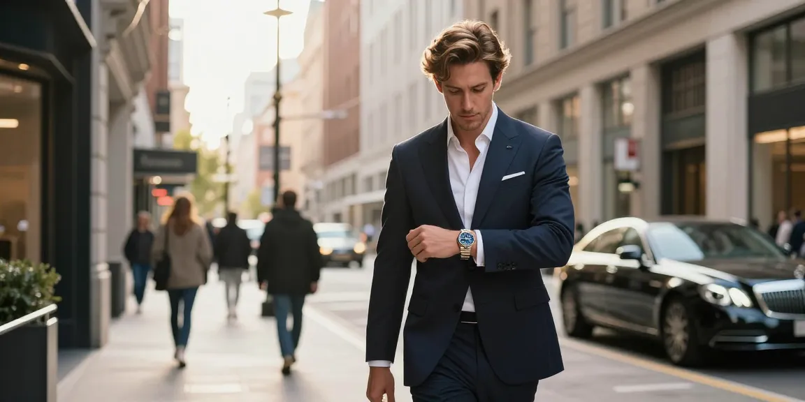 Stylish individual showcasing a high-quality rolex replica in an urban setting, exuding sophistication and luxury.