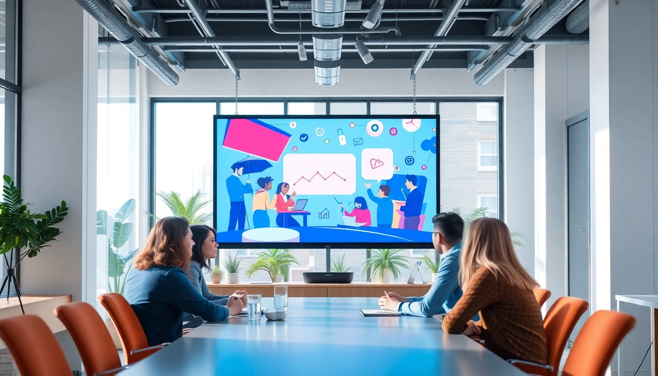 Unternehmensanimation displayed on a screen in a vibrant office environment.
