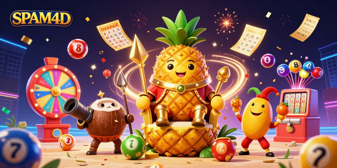 SPAM4D menghibur pemain dengan ilustrasi kartun 3D raja nanas emas dan elemennya di kasino pantai.