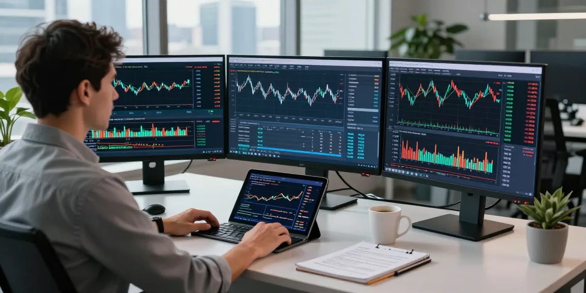 Expert trader utilizing MetaTrader 5 in a modern office with multiple screens and charts.