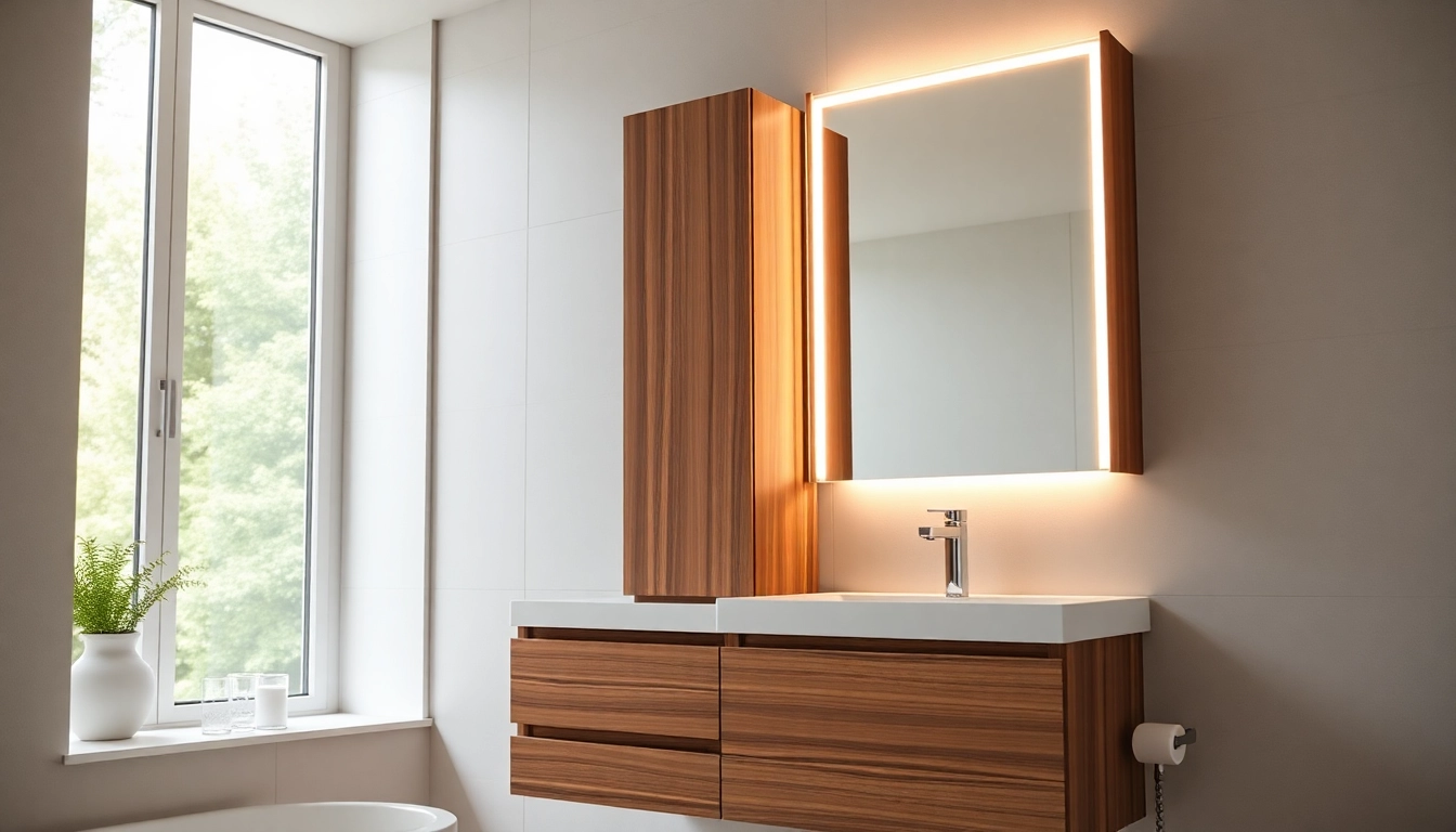 Stylish bathroom cabinet with mirror and light enhancing a modern bathroom space.