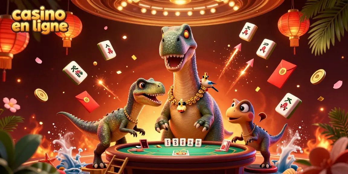 Explorez le monde du casino en ligne avec un brontosaurus géant et un croupier raptor.