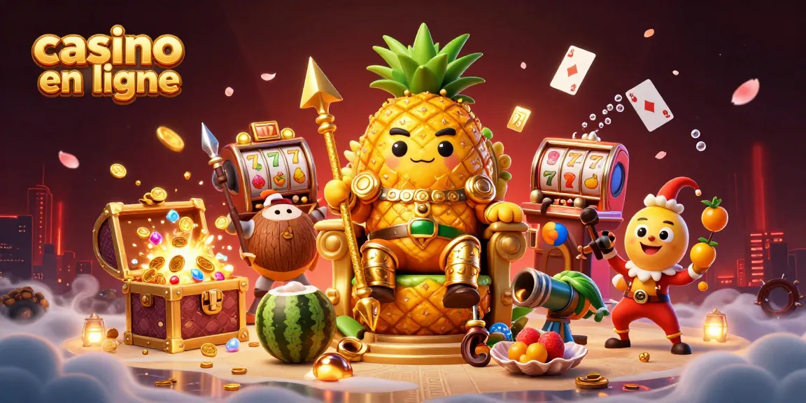 Jouez au casino en ligne avec le roi ananas et ses gardes dans une scène ludique et dynamique.