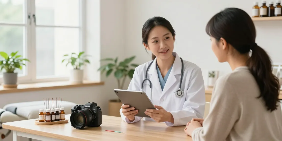 Consultation at 수원한의원 with practitioner and patient in a calming clinic environment.