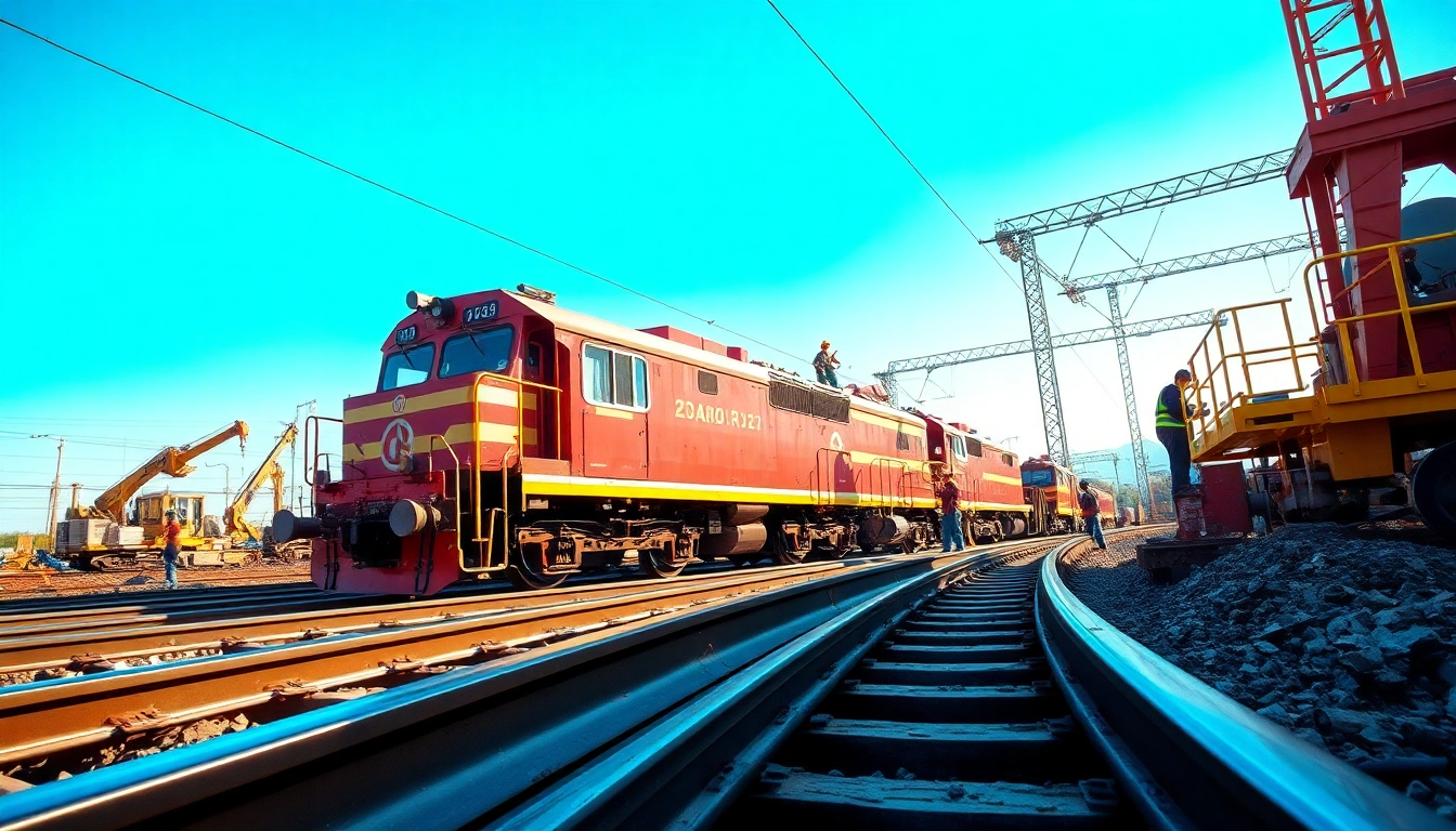 Workers on a railway site showcasing ows rail construction efforts with vibrant machinery.