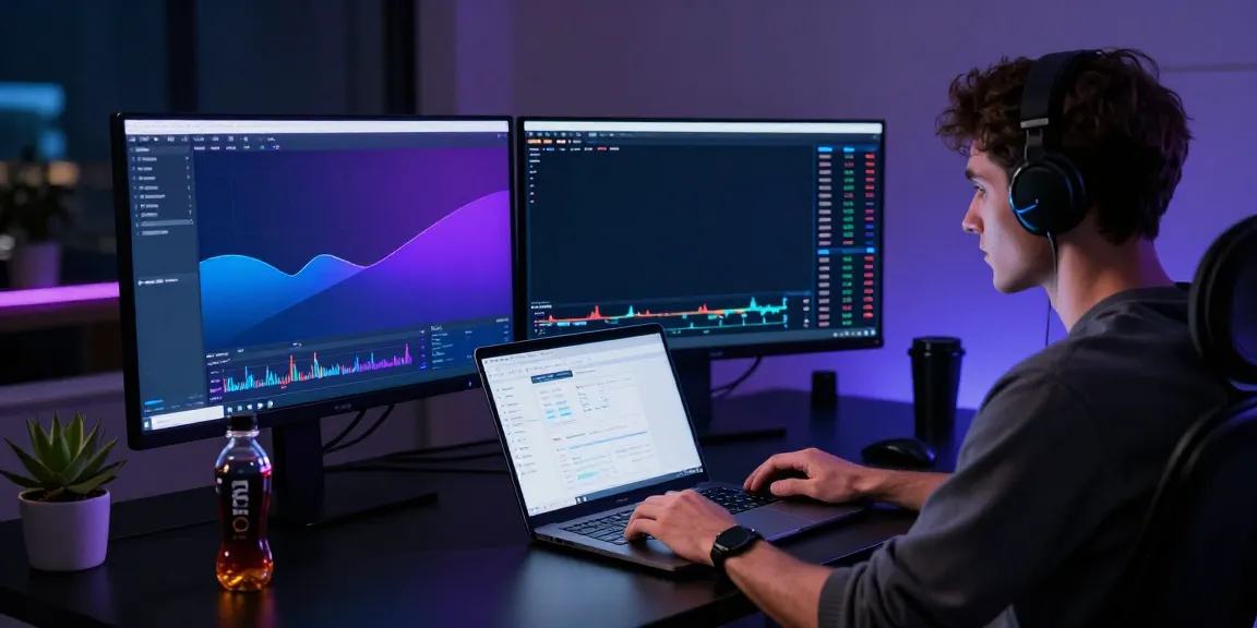 Active cryptocurrency trading session with real-time stock data API on dual monitors in a modern workspace setting.