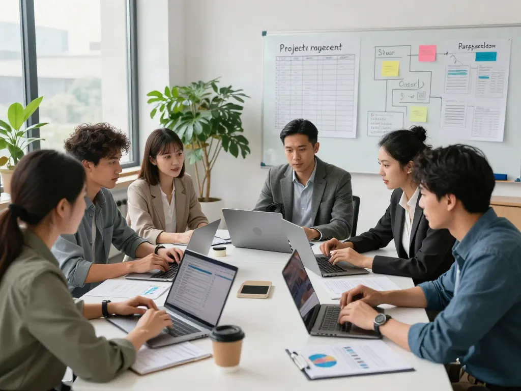 Team checking project details in a modern office workspace during collaboration.