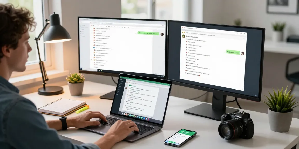 WhatsApp電腦版 user engaging on laptop in modern workspace with vibrant tech elements.