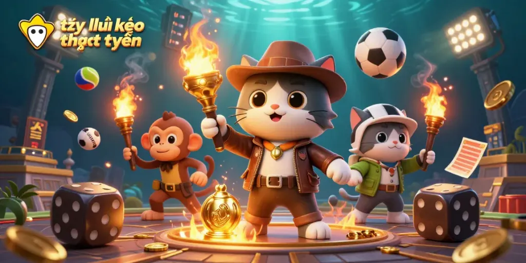 Discover tỷ lệ kèo trực tuyến with a dynamic scene of an explorer cat and companion in a golden casino temple.