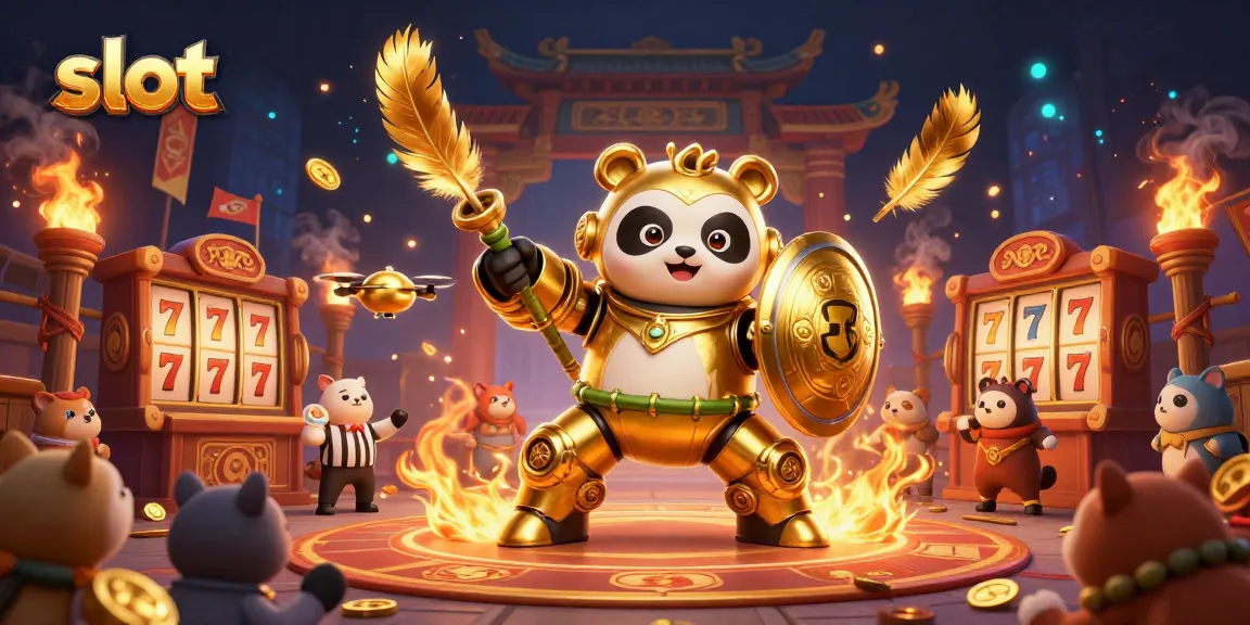 Putaran slot di arena dengan robot panda emas beraksi, dikelilingi penggemar dan koin keberuntungan.