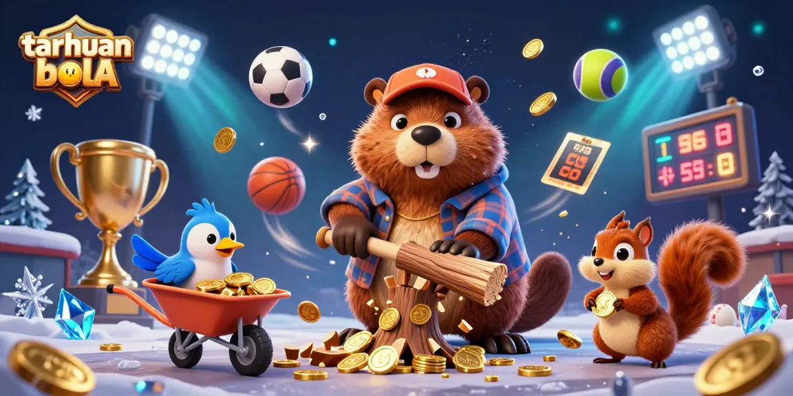 Exciting taruhan bola scene showcasing a beaver, bird, and squirrel, surrounded by sports elements.