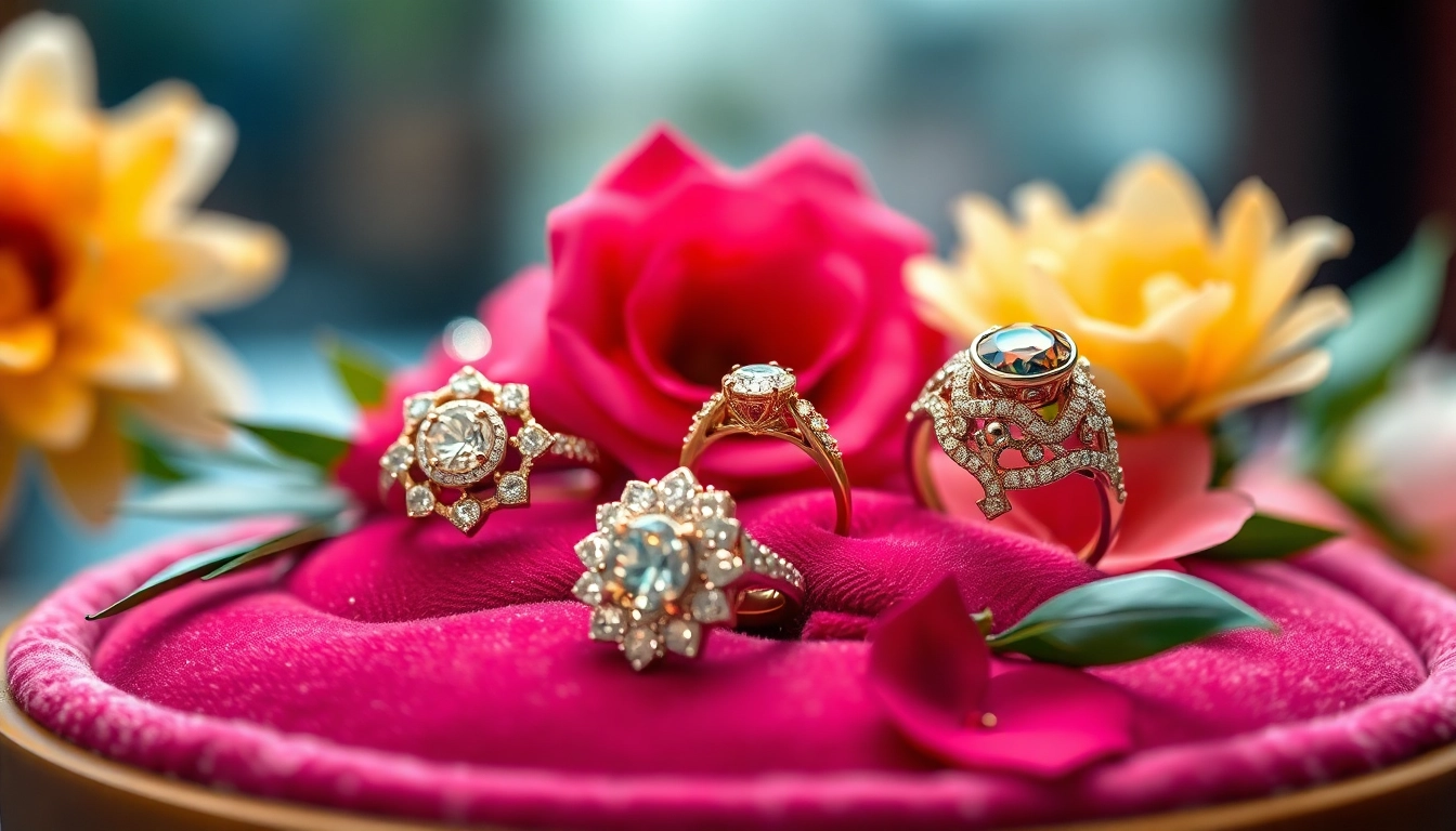Luxury rings displayed elegantly on velvet, highlighting intricate designs and sparkling gemstones.