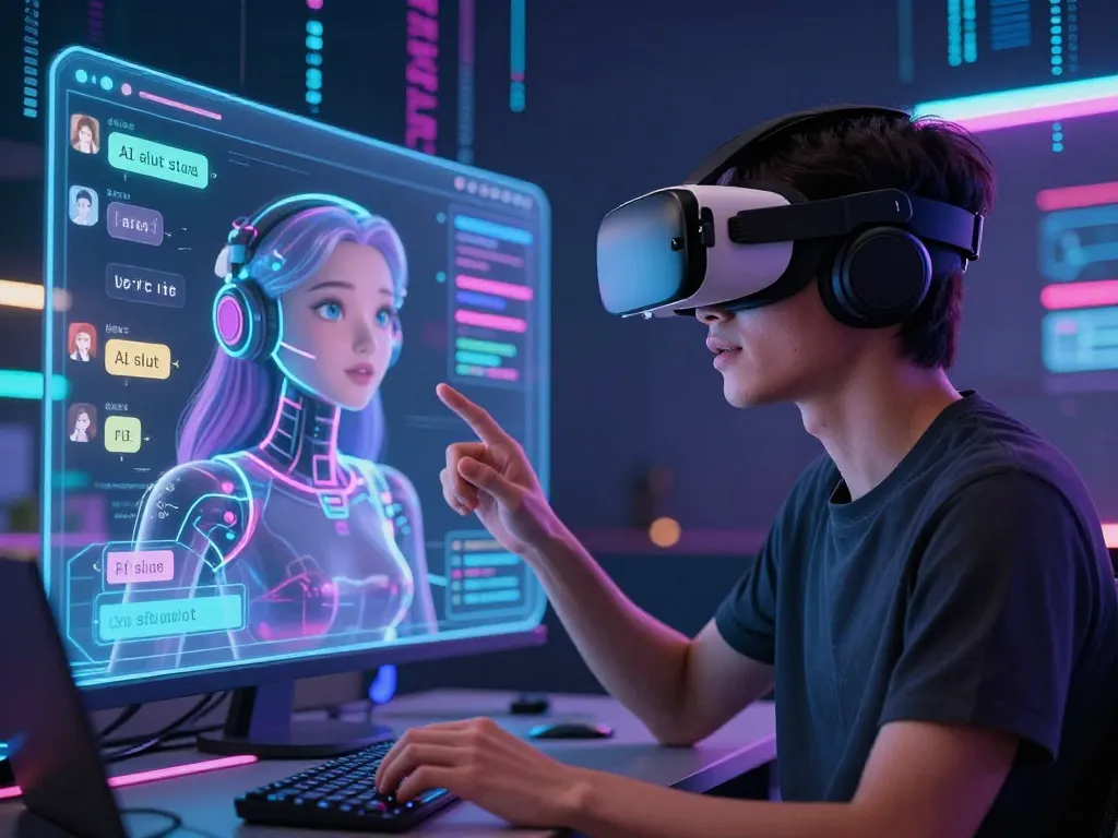 Engaging chat with an AI slut in a vibrant digital landscape, showcasing advanced technology in virtual relationships.