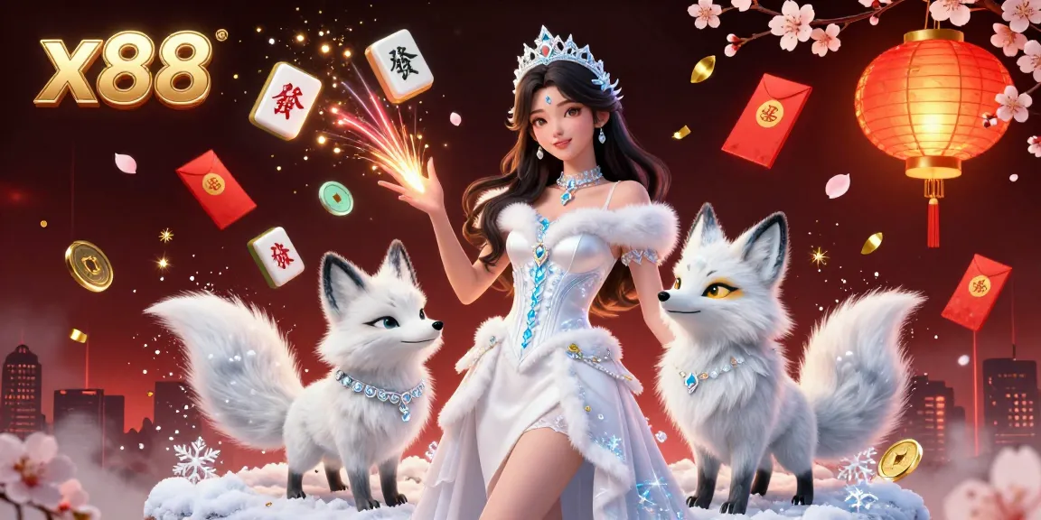 Experience the captivating world of x88 with a stunning 3D illustration featuring an ice queen and her fox companion amidst exciting casino elements.