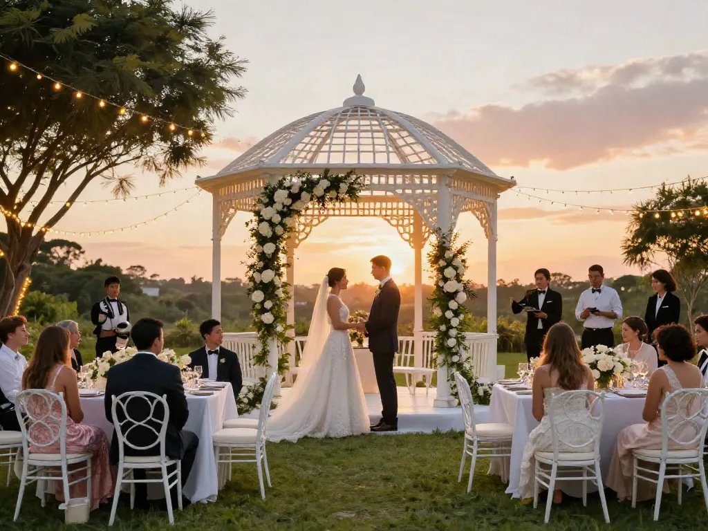 Outdoor wedding event rental ksa with elegant setup and golden hour ambiance.