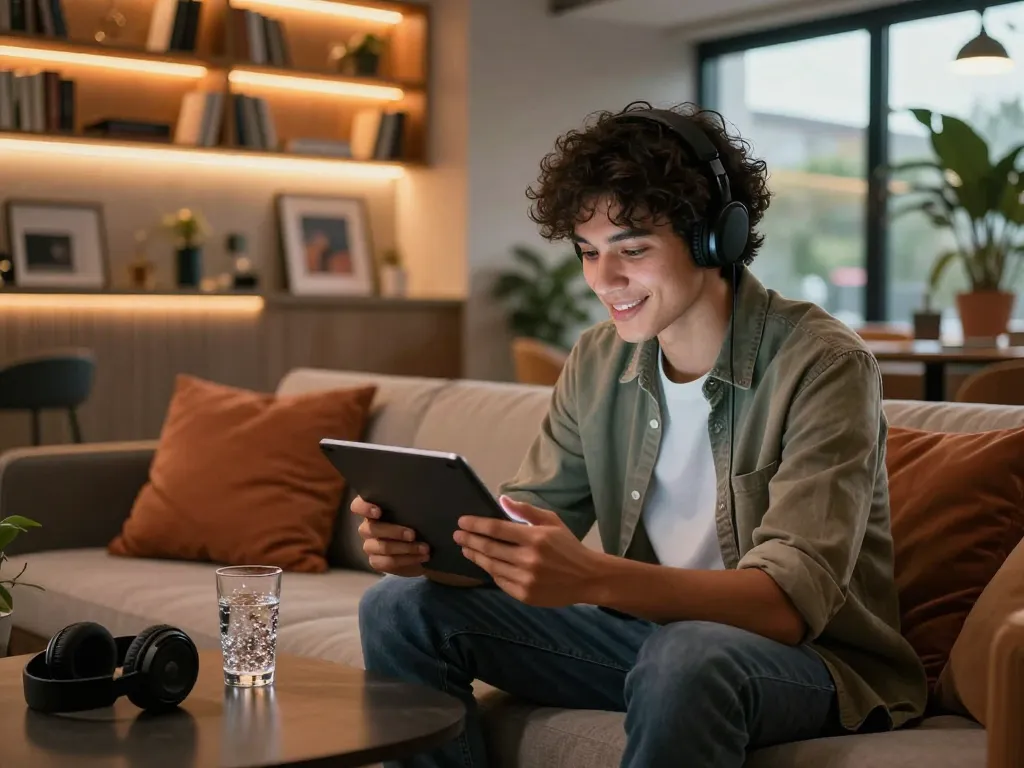 Engaging in nsfw ai chat in a cozy lounge setting with ambient lighting.