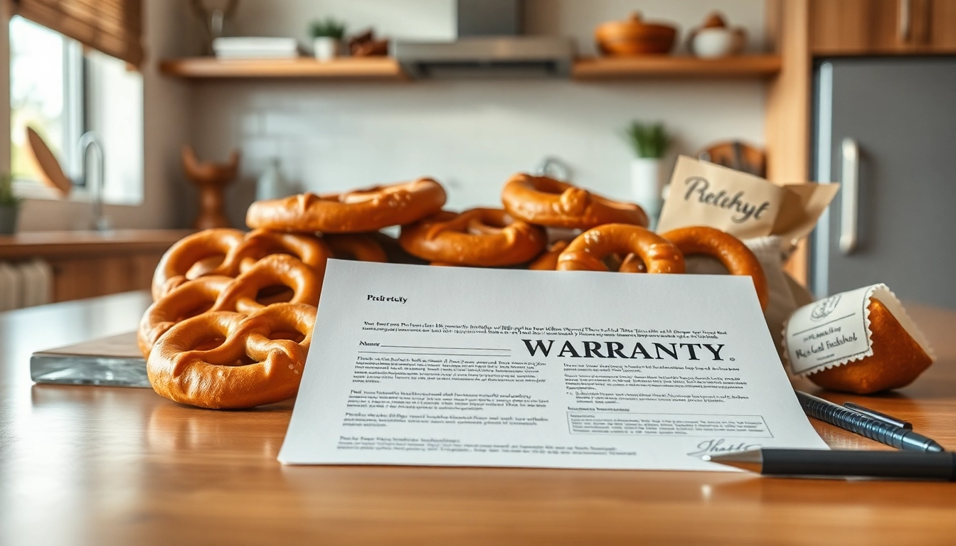 Pretzel warranty reviews and trust captured through a professional arrangement of pretzel products and warranty documents in a cozy setting.