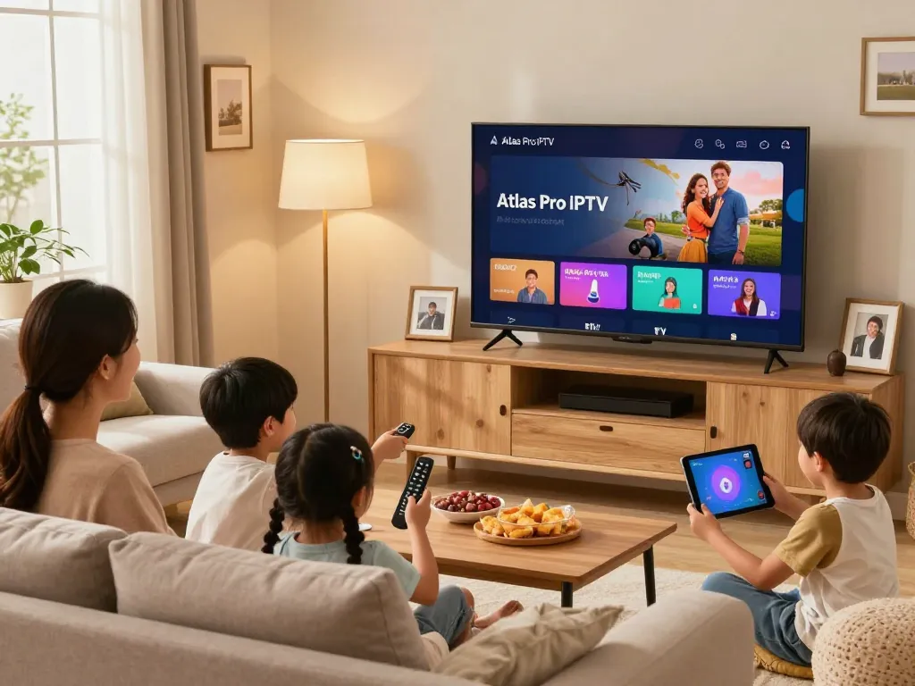 Une famille regardant Atlas Pro IPTV dans un salon confortable, profitant de moments de qualité ensemble.