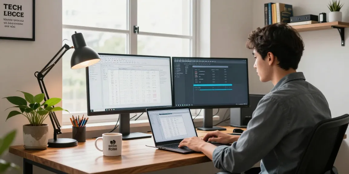 Download WPS Office in a modern home office scene with a young professional focused on productivity.