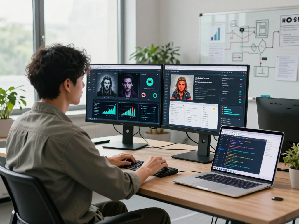 AI image detector in a modern workspace with an analyst evaluating detected categories and analytics.