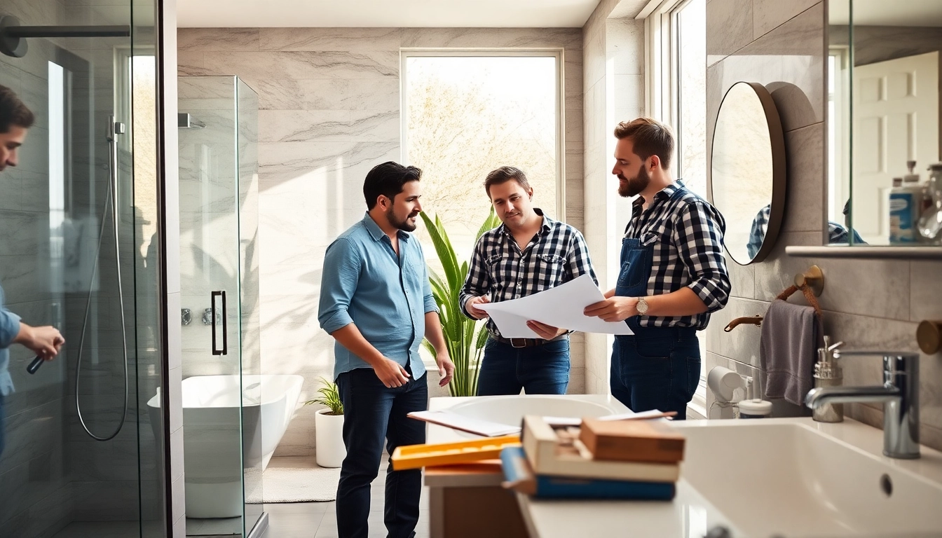 Bathroom remodeling contractors collaborating on a modern bathroom design, showcasing professional expertise.
