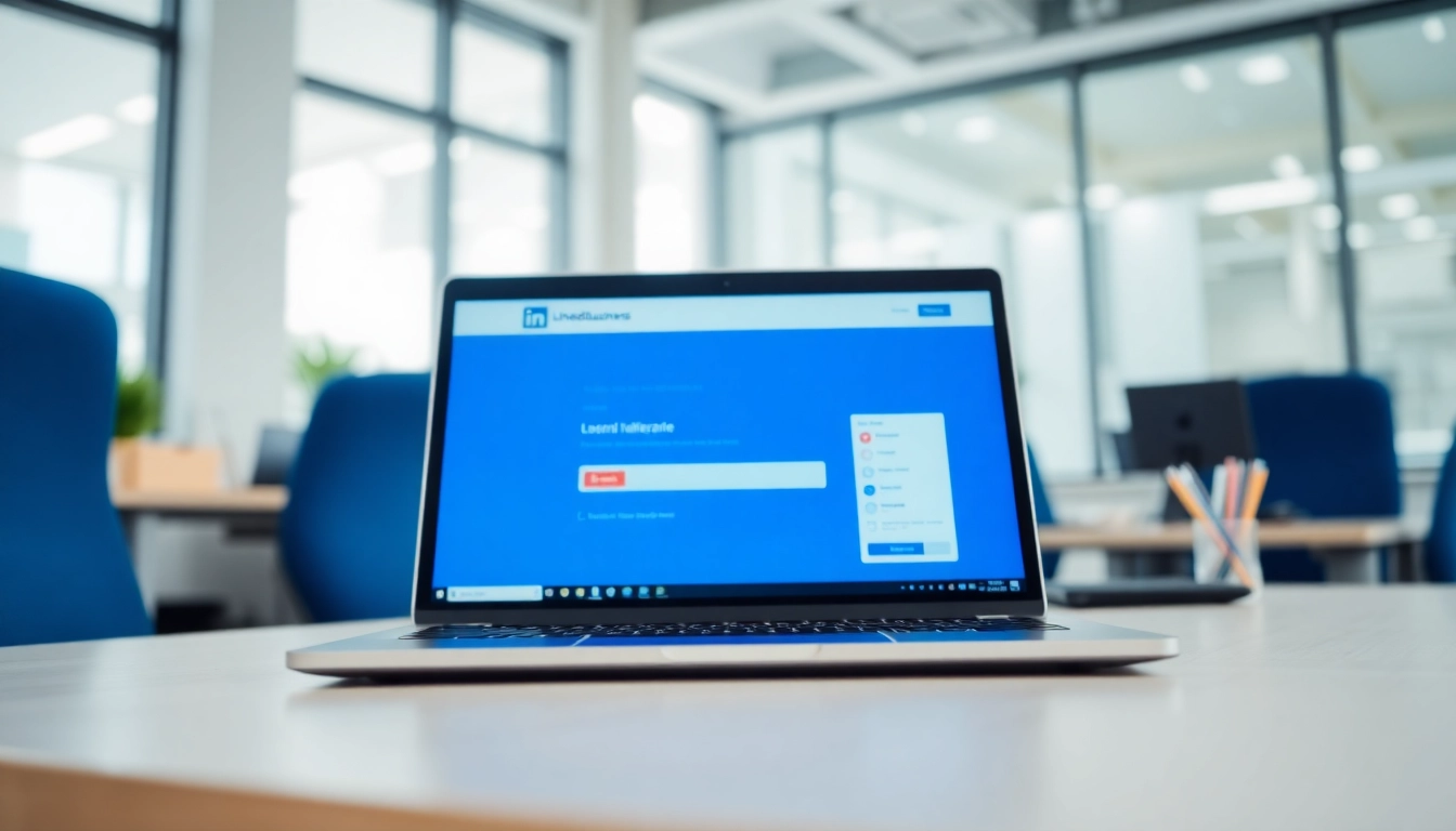 Utilize the linkedin business email finder tool on a laptop in a bright modern office setting.