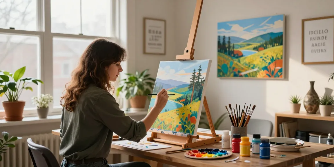 Artist creating easy to paint pictures in a vibrant home studio.