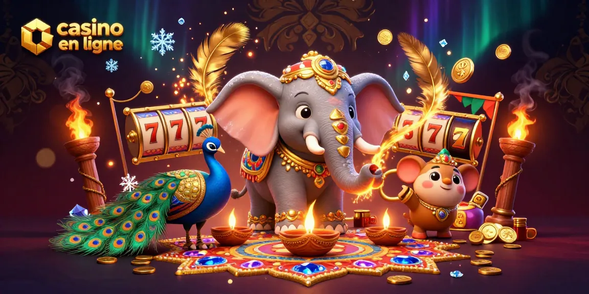 Vivez l'expérience vibrante du casino en ligne avec notre illustration dynamique d'un éléphant et d'un pavillon féerique.