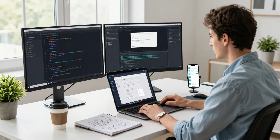 Developer coding for telegram中文版下载 app in a modern workspace with multiple screens.