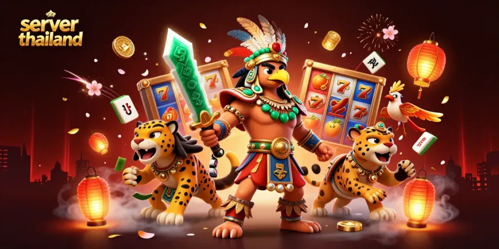 Play on a server thailand with a dynamic scene of cartoon warriors and slot game elements